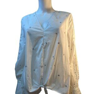 Lucky Brand Womens White Star Embroidered Blouse V-Neck Long Sleeve Size XL EUC